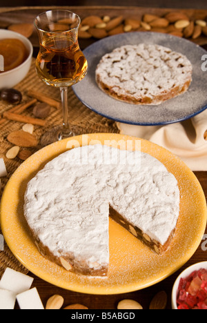 Panforte of Siena, a cake made of honey, almonds, hazelnuts, candied fruits, cinnamon and nutmeg, Tuscany, Italy, Europe Stock Photo