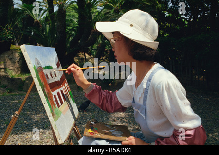 Woman painting in Sorakuen Garden Kobe Japan Asia Stock Photo