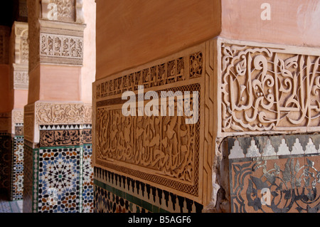 The Medersa Ben Youssef, richly decorated in marble, carved wood and plasterwork, Medina, Marrakesh, Morroco, Africa Stock Photo