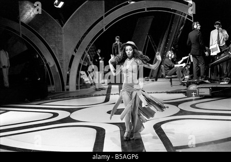 Filming of the television music chart show Top of the Pops at the BBC Studios. ;Pans People dancer, Cherry Gillespie. ;Apr. 1975 Stock Photo