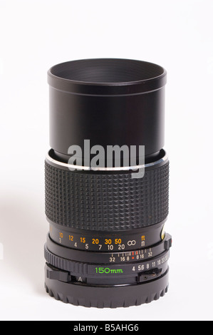 A Mamiya 150mm f4  telephoto lens with built in hood  for a manual focus mamiya m645 medium format 120 roll film camera Stock Photo