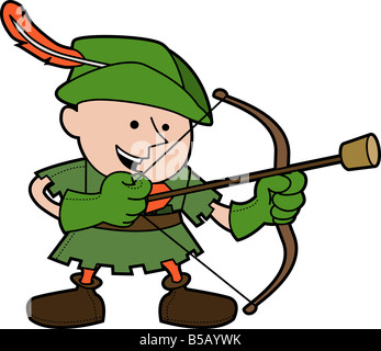 Illustration of young man in robinhood costume with bow and arrow Stock Photo