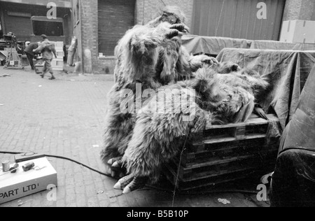 The Yeti Mark two - seven foot tall monsters with light eyes, electrical nervous system, electronic roars, and assisted by a fungoid mist have taken over London for the TV series Dr Who. The yeti's are played by actors Gordon Stothard, John Lord, Colin Warman and John Levene, wearing suits made from Yak fur and wool with eyes that light up.;Our Picture Shows: Yeti's near Goodge Street underground station in London. Dec 1967;X11800 Stock Photo