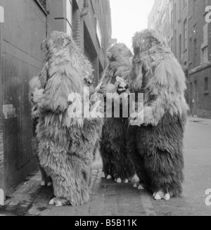 The Yeti Mark two - seven foot tall monsters with light eyes, electrical nervous system, electronic roars, and assisted by a fungoid mist have taken over London for the TV series Dr Who. The yeti's are played by actors Gordon Stothard, John Lord, Colin Warman and John Levene, wearing suits made from Yak fur and wool with eyes that light up.;Our Picture Shows:Yeti's near Goodge Street underground station in London. Dec 1967;X11800 Stock Photo