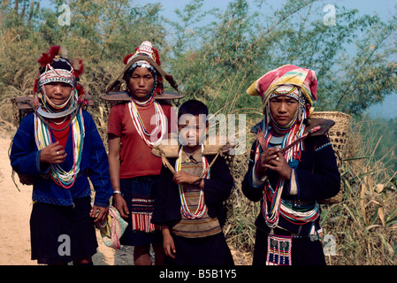 Group from the Aka Akha Hill Tribe in traditional dress Chiang Rai Thailand Southeast Asia Asia Stock Photo