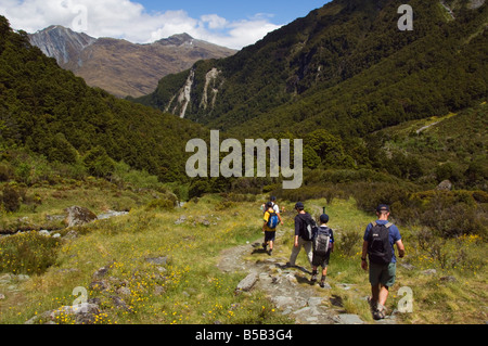 Hikers on Rob Roy Glacier Hiking Track, Mount Aspiring National Park, Otago, South Island, New Zealand, Pacific Stock Photo