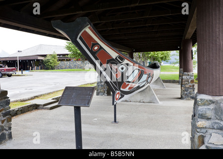 Display of 50 foot long Tlingit Indian Nation ceremonial canoe in Sitka, Alaska Stock Photo