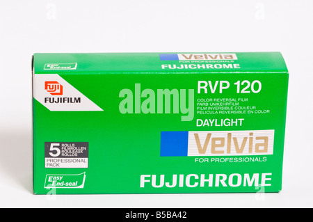 A pack of 5 rolls of Fuji Velvia 120 colour reversal roll film for  transparencies (slides) to go in medium format cameras Stock Photo