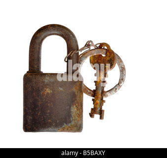 Shot of the old and rusty pendulum lock with key - isolated Stock Photo