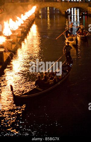 Gondolas on the canal at night during a Providence Rhode Island WaterFire event Stock Photo