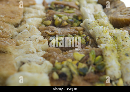 Stack of sweet Baklava delights with richly of pistachio nuts.  Egypt Stock Photo