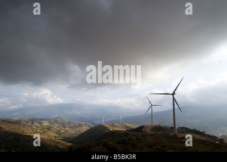 Wind turbines that produce clean sustainable energy in the Sierra Nevada mountain range of Andalusia in southern Spain Stock Photo