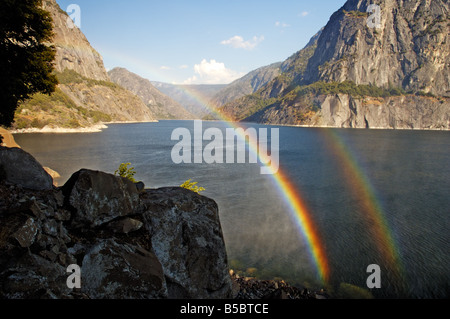 Rainbow Over Wapama Falls at Hetch Hetchy Reservoir Stock Photo