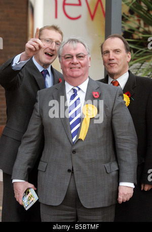 Liberal Democrat candidate in the Glenrothes by election Harry Wills centre with Tavish Scott left and Simon Hughes Stock Photo