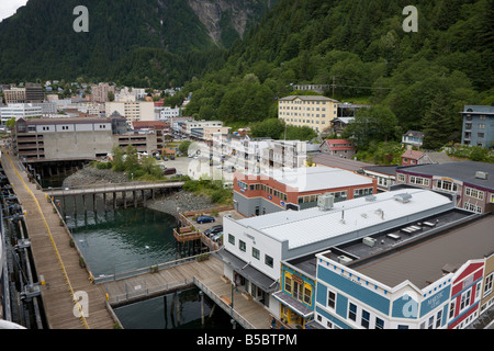 Aerial view of historic downtown Juneau Alaska from top of cruise ship in port. Stock Photo