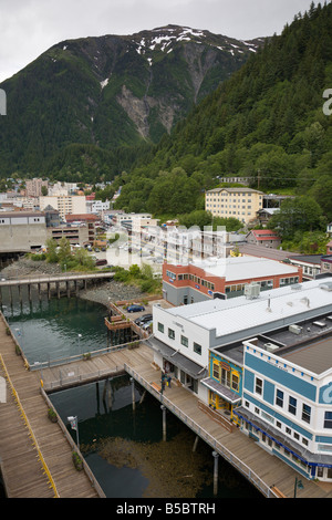 Aerial view of historic downtown Juneau Alaska from top of cruise ship in port. Stock Photo