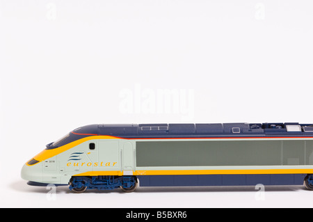 Close up of a  Hornby electric model train Eurostar locomotive shot against a white background (cut out) in a studio Stock Photo