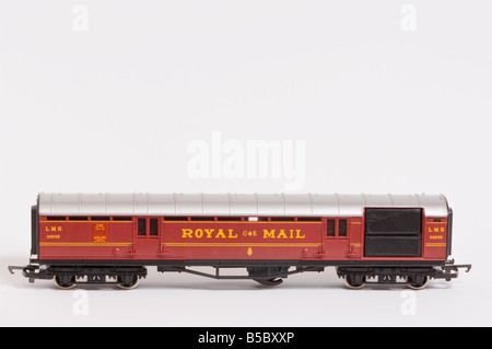 Close up of a  Hornby electric model train Royal Mail carriage shot against a white background (cut out) in a studio Stock Photo