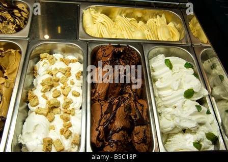 Stainless steel tubs of fancy gelatos in ice cream freezer display case at midtown farm market Stock Photo