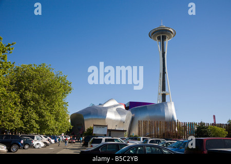 Grass Blades, Music Experience Project, and Space Needle at Seattle Center in Seattle, Washington Stock Photo