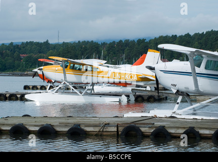 Three seaplanes Cessna 206 Sationair Cessna 185 Skywagon and Cessna 172 Skyhawk Stock Photo