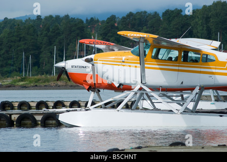 Three seaplanes Cessna 206 Sationair and Cessna 185 Skywagon Stock Photo