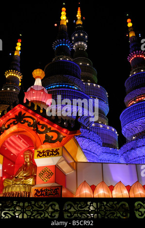 Buddha in Porcelain Pagoda at the Chinese Lantern Festival Ontario Place Toronto at night Stock Photo