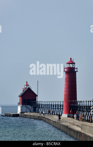 Grand Haven South Pier and Pierhead Inner Lighthouses on Lake Michigan Grand Haven Michigan Stock Photo