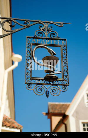 Sign of the 'Raeapteek', one of the oldest pharmacies in Europe.  Old town square, Tallinn, Estonia. Stock Photo
