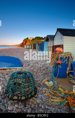 Lobster Pots and beach huts at Budleigh Salterton, Devon Stock Photo