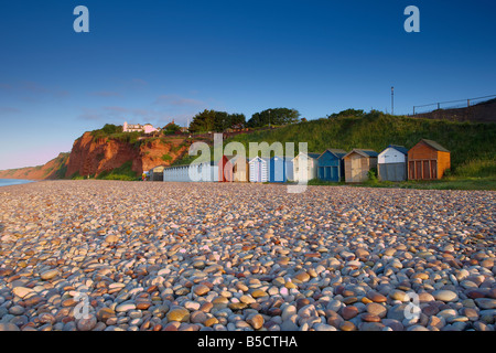 Beach Pebbles and beach huts at Budleigh Salterton, Devon Stock Photo