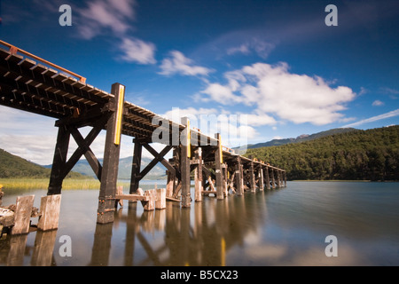 wood pier at Nonthue lake , San Martin de los Andes , Patagonia , Argentina Stock Photo