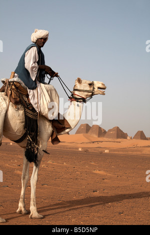 A guide and camel stand in front of the pyramids of Meroe, Sudan's most popular tourist attraction, Bagrawiyah, Sudan, Africa Stock Photo