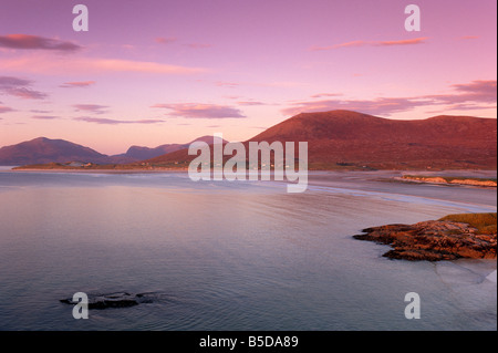 Luskentyre Bay and Sound of Taransay at sunset, South and North Harris hills behind, South Harris, Outer Hebrides, Scotland Stock Photo