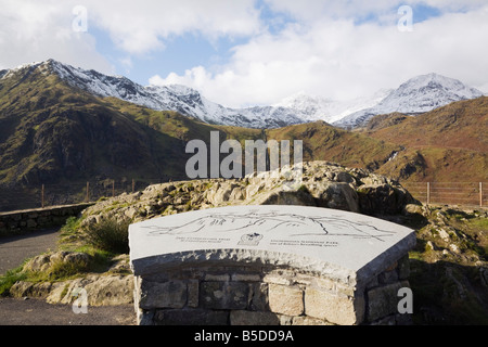 Tourist Information stone plaque showing mountains at Snowdon horseshoe viewpoint in Snowdonia National Park North Wales UK Stock Photo