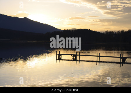 wooden jetty at sunset, Staffelsee, Upper Bavaria, Germany, Europe. Photo by Willy Matheisl Stock Photo