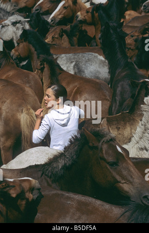 local girl between a bunch of wild horses during A Rapa das Bestas festival held in Sabucedo Galicia Spain Stock Photo