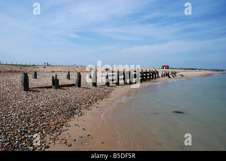 A scene showing an old wooden fence at the water's edge on Rye Harbour Nature Reserve, East Sussex, UK. Stock Photo