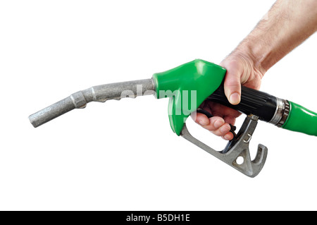 Hand Holding an Unleaded Petrol Pump Nozzle Against a White Background Stock Photo