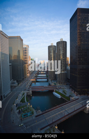Skyscrapers along the Chicago River and West Wacker Drive, Chicago, Illinois, USA, North America Stock Photo