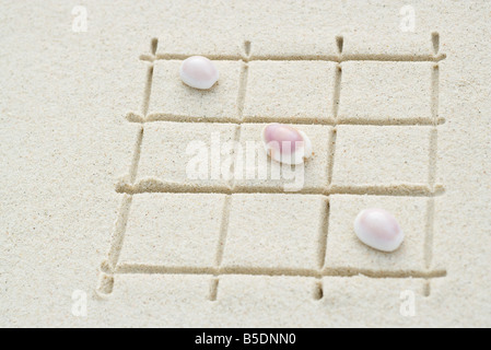 Seashells arranged on grid drawn in sand, close-up Stock Photo