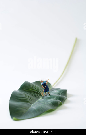 Miniature cleaning lady sweeping leaf Stock Photo