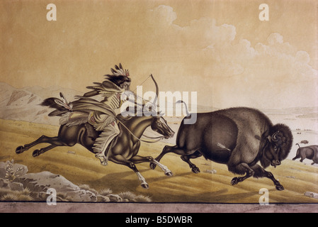 Mode of chasing bison by the Assinneboins by P Rindisbacher West Point Museum United States of America North America Stock Photo