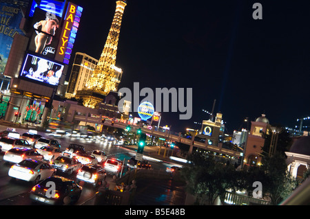 The Strip (Las Vegas Boulevard), with the mini Eiffel Tower of Paris Hotel, Las Vegas, Nevada, USA, North America Stock Photo