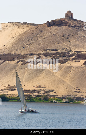 Tomb of Qubbet El Hawwa and Nobles Tombs with Felucca Sailboat on the Nile River in Aswan Egypt Stock Photo