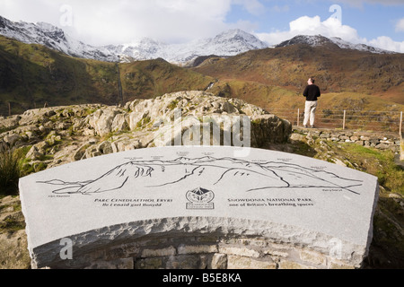 New tourist Information stone plaque showing mountains at Snowdon horseshoe viewpoint Snowdonia National Park North Wales UK Stock Photo
