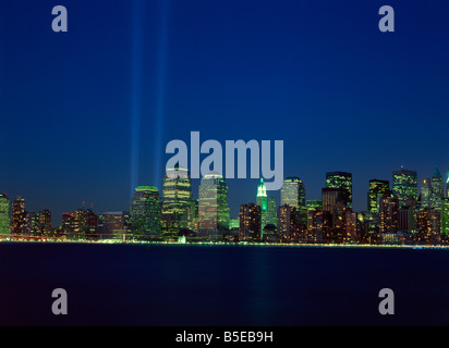 Lower Manhattan skyline and World Trade Center memorial lights New York City United States of America North America Stock Photo