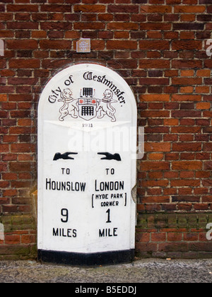 Milestone on corner of Exhibition Road and Kensington Gore (A315) London UK Stock Photo