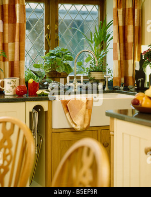 Houseplants on window sill of double-glazed lattice window with brown checked curtains above white ceramic kitchen sink Stock Photo