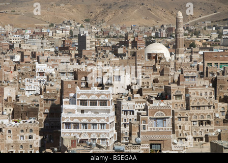 Traditional ornamented brick architecture on tall houses, Old City, within Sana'a, UNESCO World Heritage Site, Yemen Stock Photo